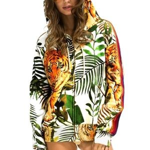 Aviator Nation white velvet jungle tiger zippered hoodie M